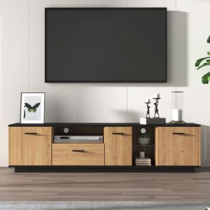 Meuble TV 180 cm, avec 1 tiroir, 3 portes, 2 compartiments ouverts avec s&eacute;paration en verre, meuble t&eacute;l&eacute; avec 16 lumi&egrave;res LED, - Couleur bois naturel