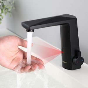 Robinet de Lavabo Infrarouge Automatique Mitigeur à Eau Chaude et Froide en Laiton Robinet à Capteur Infrarouge pour Vasque à Poser, Noir - Lonheo