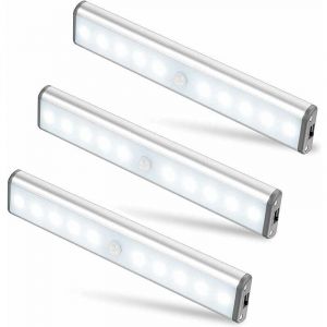 Lot de 3 Lampes 10 led, Sans Fil, Rechargeable par usb, Aimanté, Détecteur de Mouvement, 2 Modes d'Éclairage, Portable. Lumière de Placard, Baladeuse
