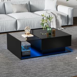 Okwish - Table basse carrée noire brillante avec plateaux en verre, tiroirs et éclairage led, table de salon, 100x50x32 cm