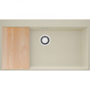 PRIMAGRAN Evier Cuisine en Granit 88x50cm,Lavabo 1 bac + Kit de Vidage + Planche &agrave; D&eacute;couper, &Eacute;vier &agrave; Encastrer au meuble 90cm - Oslo, Beige