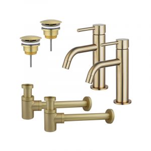 FugaFlow Eccelente Sobrado Slim Kit robinet lavabo - pour double vasque - robinet bas - bonde non-obturable - siphon design bas - Laiton bross&eacute; PVD