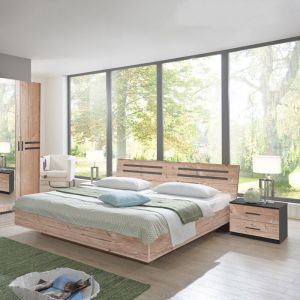 Lit 2 personnes 180x200 cm avec 2 chevets chêne et anthracite - AMILLA
