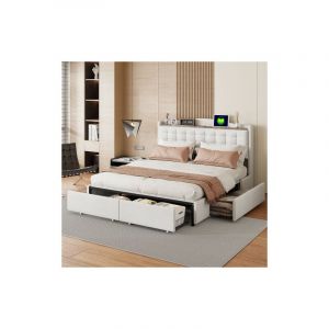 Lit adulte 160x200 cm, lit capitonné avec port de charge usb, table de chevet avec rangement, 4 tiroirs, sans matelas, lin, blanc