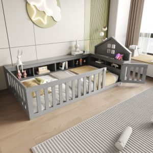 Lit enfant 90x200 cm, lit au sol avec rangements, porte et protection de s&eacute;curit&eacute;, en bois, gris, sans matelas
