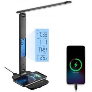 Lampe de bureau de charge sans fil 10w pliante avec port de charge USB, lampe de bureau avec horloge, r&eacute;veil, date, temp&eacute;rature, lampe de bureau noire