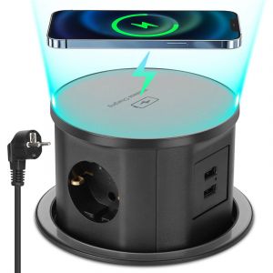 Prise escamotable avec 2 ports usb-a, bande de prises encastrable à 3 prises avec chargement sans fil usb-a, prise encastrable escamotable pour plan