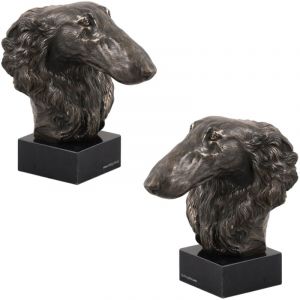 Barzo&iuml; russe, L&eacute;vrier, Barzo&iuml; - statuette de chien, buste sur socle en pierre, sculpture, troph&eacute;e pour l'exposition canine de la marque Art-Dog