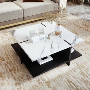 Table basse carrée blanche et noire, table de salon avec aspect marbre, 72x72x32 cm
