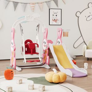 Toboggan Enfant 4 en 1 avec Balan&ccedil;oire, Enfants Balan&ccedil;oire Toboggan autoportant avec Panier de Basket, &eacute;chelle d'escalade, Glissi&egrave;re Int&eacute;rieur et