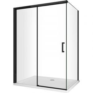 Douche d'angle avec paroi latérale fixe et porte frontale avec fermeture douce amortie h 200 8 mm cadre noir mat Cm 75 (73-75) x 140 (137-140)