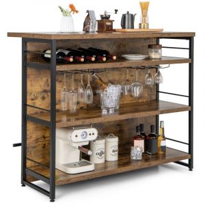 &Icirc;lot central industriel table de bar &agrave; 4 niveaux avec 3 &eacute;tag&egrave;res ouvertes casier &agrave; vin et supports pour verres &agrave; pied repose-pieds marron rustique