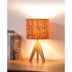 EDISHINE Lampe de Chevet en Bois, Tr&eacute;pied Vintage, Ampoule E27 Incluse, 36 x 20 x 20 cm, Lampe de Table, Abat-jour en Lin Gris
