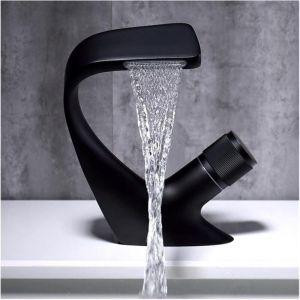noir Robinet de lavabo de luxe, robinet cascade moderne en laiton, robinets de salle de bains, montage sur pont, grue d'&eacute;vier, robinet m&eacute;langeur
