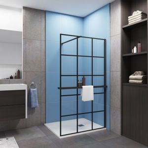 Paroi de douche à l'italienne style contemporain 80x200cm installé avec une barre de fixation en 140cm,livré avec étagère de douche noir