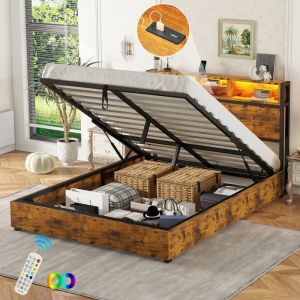 Lit coffre 140x200 cm, lit adulte,mécanisme de levage hydraulique, éclairage d'ambiance led à couleur changeante, télécommande 24 touches, grand