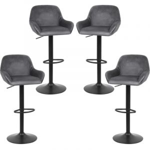 Lot de 4 Tabouret de Bar，en velours，Reglable en Hauteur et Pivotant，avec Dossier et Accoudoirs, gris foncé