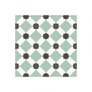 Décoweb - Sol Vinyle First - Effet carreaux de ciment géométrique - Vert d'eau - Rouleau de 2m x 3m