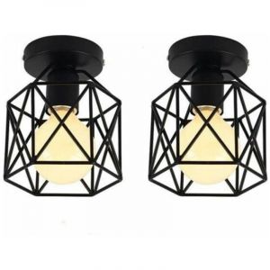 Lot de 2 Plafonnier Industrielle en M&eacute;tal Cage Carr&eacute;, Lustre Abat-jour Fer Luminaire E27 40W Noir pour Salon Chambre Bar