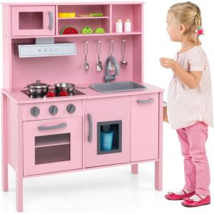 COSTWAY Cuisine Enfant en Bois avec 18 Accessoires & Sonore, Jeu de Cuisine Bois Enfant avec Machine &agrave; Gla&ccedil;ons & Micro-Ondes, Dispositif