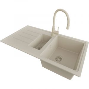 PRIMAGRAN Evier Cuisine en Granit 90x50cm,Lavabo 1,5 bacs + Robinet 38x14cm + Kit de Vidage, Évier à Encastrer au meuble 60cm - Copenhague Duo, Beige