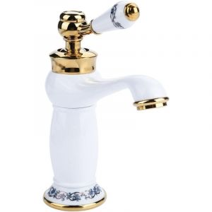 Treetalk - Céramique Antique en Laiton Robinet De La Salle De Bains Évier Robinet Bleu Et Blanc en Porcelaine à Long Cou Vintage Robinet De Lavabo