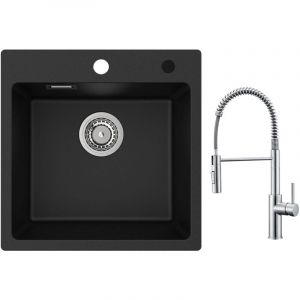 Cecipa - Evier 1 Bac en Quartz et Résine 45x45cm Evier de Cuisine Evier à Encastrer 1 cuve + Mitigeur de Cuisine à Ressort avec Douchette