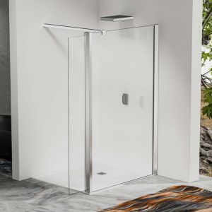Paroi de douche &agrave; l&rsquo;italienne 90&times;200 cm avec d&eacute;flecteur pivotant 40&times;200 cm &ndash; Verre tremp&eacute; &ndash; Barre recoupable 140 cm &ndash; Aluminium chrom&eacute; brillant