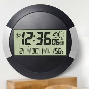 Linghhang - Horloge murale (Pendule sans Tic Tac, sans fil, avec des piles, Format 24h, Calendrier, Jour, Thermomètre , pause murale ou bureau)