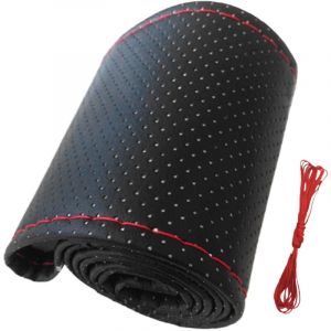 Housse de volant de voiture universelle, couture &agrave; la main, en cuir microfibre perfor&eacute;, couvre-volant pour 38cm de diam&egrave;tre, noir et rouge