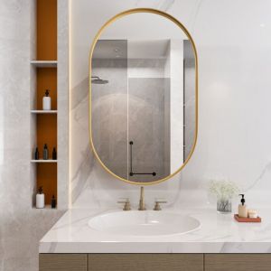 Armoire &agrave; glace ovale, cadre m&eacute;tallique, miroir et &eacute;tag&egrave;res r&eacute;glables, avec rangement pour salle de bain, or, 85x51.5x12 cm