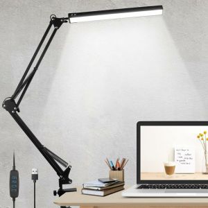 Lampe de bureau led, lampe de bureau 10W pince lampe d'architecte bras pivotant lampe de travail lampe à pince dimmable 3 couleurs 10 luminosité