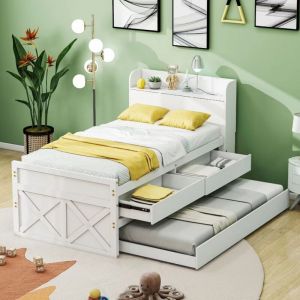 Lit simple 90x190 lit enfant avec lit gigogne, tiroir coulissant, sommier à lattes, table de chevet et étagères avec prise usb, en bois massif,