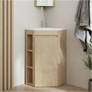 Ensemble meuble sous vasque d'angle sur pieds avec vasque en r&eacute;sine et robinet chrom&eacute;