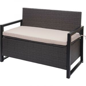 Jamais utilisé] Banc 2 places en poly rotin HHG-564, banc coffre, compartiment de rangement, gris, coussins beige