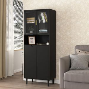 Vitrine avec portes en verre et compartiments de rangement, plateau réglable, meuble de rangement pour salon et chambre, 60 x 35 x 100 cm, Noir