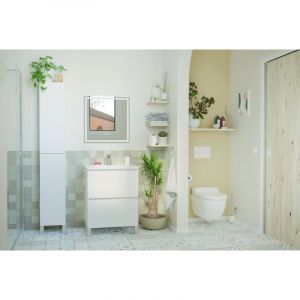 Ondee - zen - Meuble salle de bain &agrave; poser lila - 60cm - 2 Tiroirs -Blanc - Miroir led laura