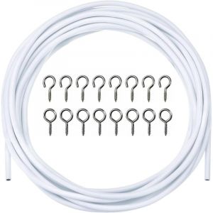 Fil de Rideaux 3 M&egrave;tre Blanc - C&acirc;ble &agrave; Rideau Kit Avec 6 Paires Crochets et Yeux - Corde Suspendue pour Tringle &agrave; Suspendre des Rideaux en Filet