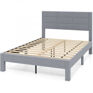 Costway - Cadre de Lit Double, Sommier Tissu Velout&eacute; avec T&ecirc;te de Lit, Support Lattes en Bois, Patins R&eacute;glables, 200 x 140 cm, Charge 250 kg, Gris,