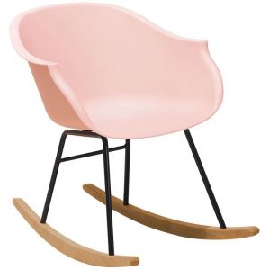 Petit Fauteuil Chaise &agrave; Bascule Assise en Plastique Rose et Pieds en Bois Design R&eacute;tro Scandinave pour Salon au Style Nordique Moderne Beliani