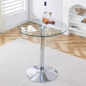 Table de bar ronde en verre tremp&eacute; de 89 cm de diam&egrave;tre, 92 cm de hauteur, structure en m&eacute;tal argent&eacute;, pour bar, caf&eacute; et salon