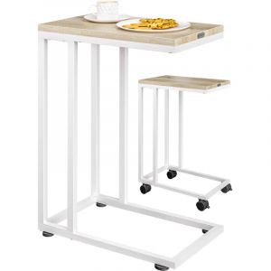 Casaria - Table d'appoint bout de canap&eacute; avec roulettes Cadre en m&eacute;tal Desserte de lit Support ordinateur portable Blanc