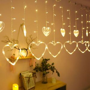 Rideau lumineux led en forme de cœur guirlande lumineuse 8 modes d'éclairage décoration de fête 3 m blanc chaud