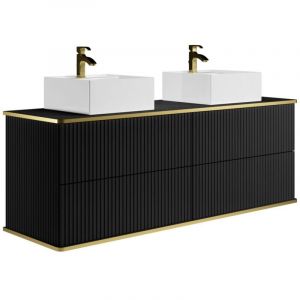 Vente-unique - Meuble de salle de bain suspendu strié liseré doré avec double vasque à poser carrée - Noir - 150 cm - keliza