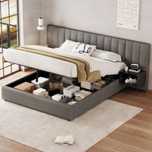 Lit coffre 160x200 cm, lit adulte avec 2 table de chevet et sommier à lattes en bois, tissu en lin gris, sans matelas