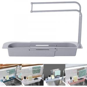 Porte-&Eacute;vier T&eacute;lescopique T&eacute;lescopique Bac de Vidange Panier avec Porte-Serviettes &Eacute;ponge Extensible Porte-Savon &Eacute;gouttoir pour La Maison Cuisine Gris
