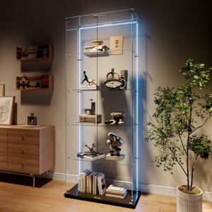 Vitrine Verre Tremp&eacute; 5 &Eacute;tag&egrave;res, Multifonctionnelle pr&eacute;sentoir &agrave; double porte, Poign&eacute;e M&eacute;tal et Fermeture &agrave; Cl&eacute;, LED r&eacute;glable, base noir,
