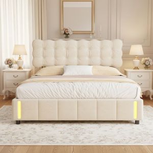 Lit coffre 160x200 cm avec &eacute;clairage LED et rangement hydraulique - T&ecirc;te de lit capitonn&eacute;e velours, sommier &agrave; lattes inclus - Beige