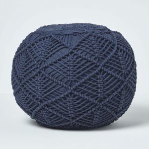 Pouf tress&eacute; en macram&eacute; bleu marine, 35 x 40 cm - Homescapes