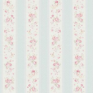 Papier peint intissé vintage shabby chic avec roses, rayures et pois, papier peint maison de campagne bleu clair